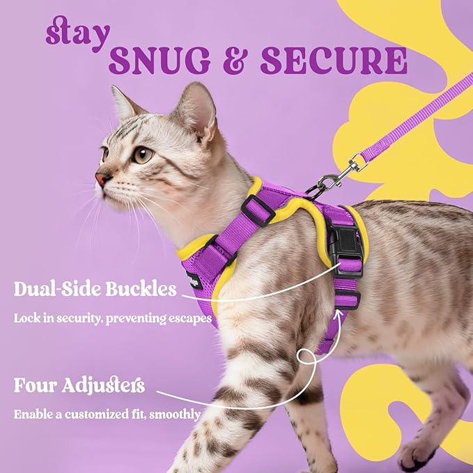 rabbitgoo Cat Harness and Leash for Walking, Escape Proof Soft Adjustable Vest Harnesses for Cats, Easy Control Breathable Reflective Strips Jacket, Purple&Yellow,XXS