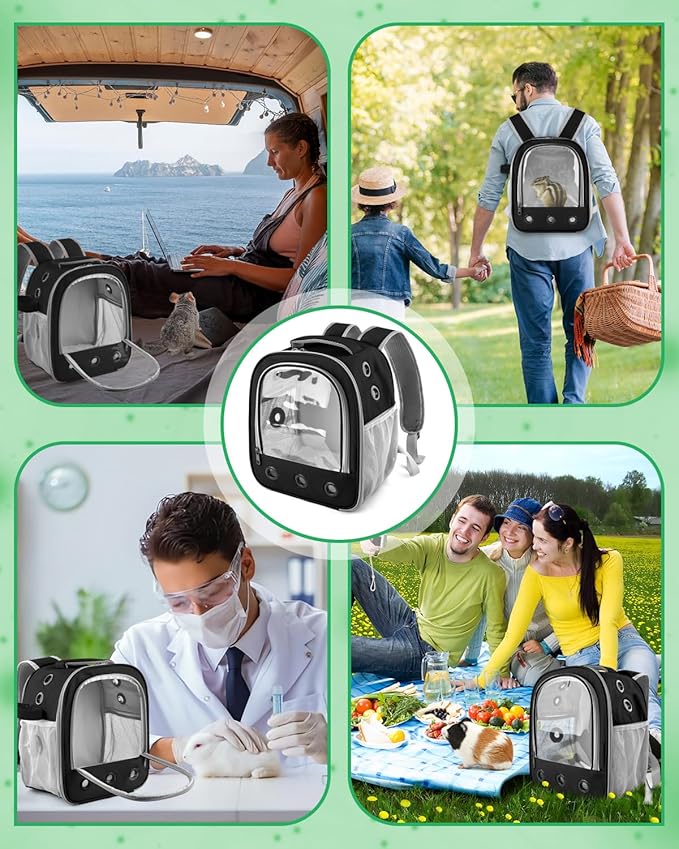 Guinea Pig Carrier Backpack, Portable Rabbit Travel Carring Bag for Pet Bunny Chinchilla Bearded Dragon Hamster Parrot Outgoing Pouch Case with Water Bottle Holder & Detachable Pad (Black)