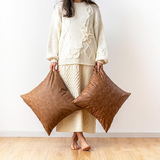 Pack of 2 Leather Throw Pillow Covers, Modern Boho Decorative Cognac Thickened Abrasion Luxury Floor Cushion Cover, for Home Decor Sofa Couch Bed Office Cafe Pillow Covers 24x24 inch