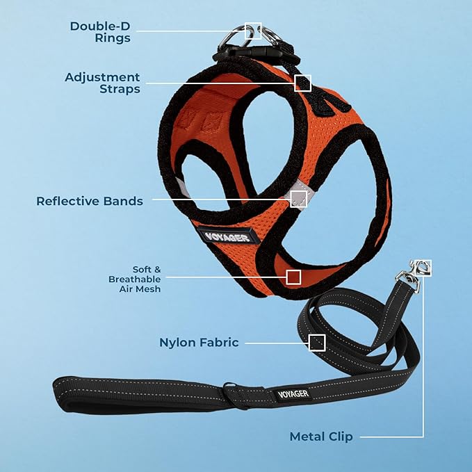 Best Pet Supplies Voyager Step-in Air All Weather Mesh Harness and Reflective Dog 5 ft Leash Combo with Neoprene Handle, for Small, Medium and Large Breed Puppies - Orange/Black Trim, Large