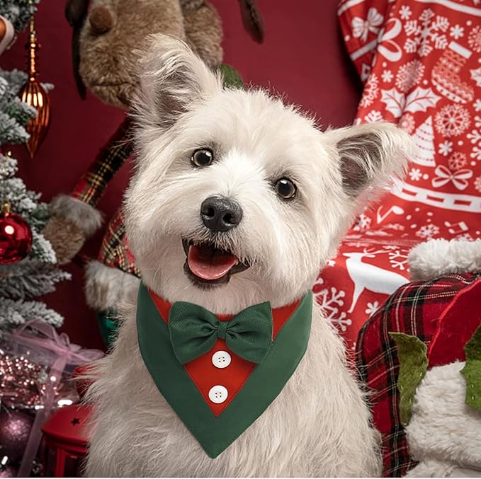 FUAMEY Dog Tuxedo Christmas for Small Dogs,Dog Formal Suit Dogs Attire Pet Bow Tie Puppy Party Costumes Cat Tux Outfits Pets Bandana Cosplay Adjustable Bowties Christmas Green Red XS