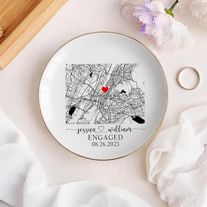 Custom Location Map Engaged Ring Dish Engagement Gift, Jewelry Tray Gifts for Newly Engaged Couple, Ring Holder Dish Wedding Anniversary, Trinket Dish for Her Bride Wife