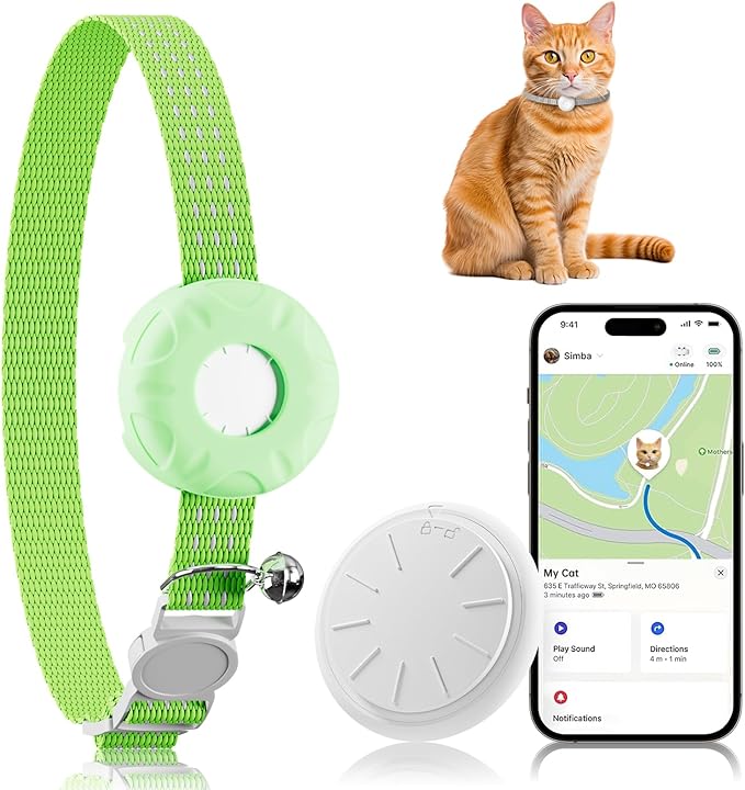 Cat Tracker, Lightweight Pet Tracker for Cats, Cat GPS Tracker Compatible with Apple Find My App(Only iOS), Real-Time Tracking, Precise Positioning, Waterproof, No Monthly Fee, Smart Alerts