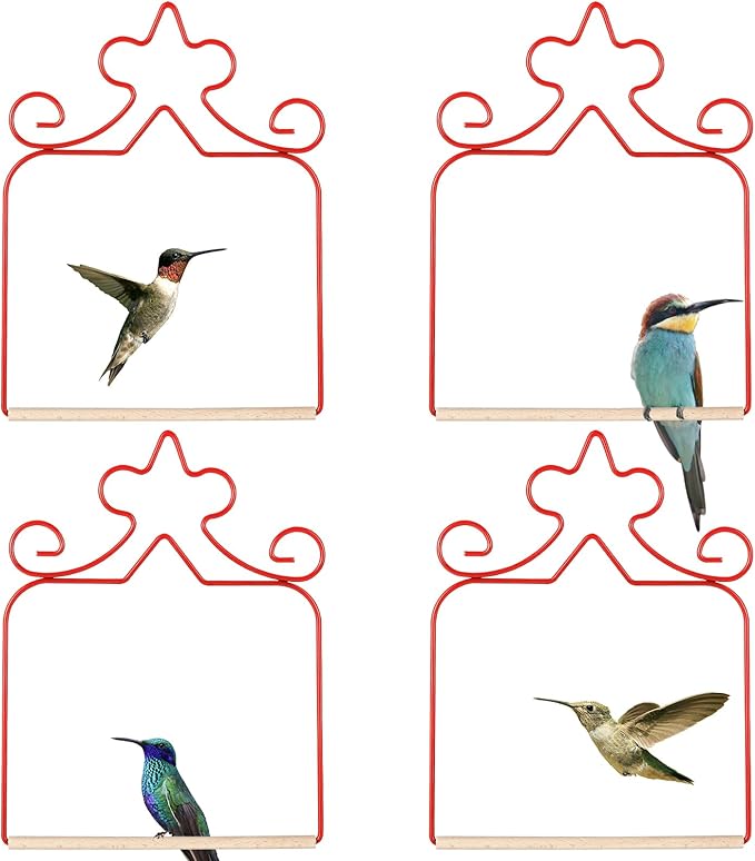 Hummingbird Swings 4 Pack, Rust Resistant Metal Frame, Red Hummingbird Perches with Wooden Dowel,Perfect for Hanging Outdoor Trunk Lawn Patio Garden Yard Porch