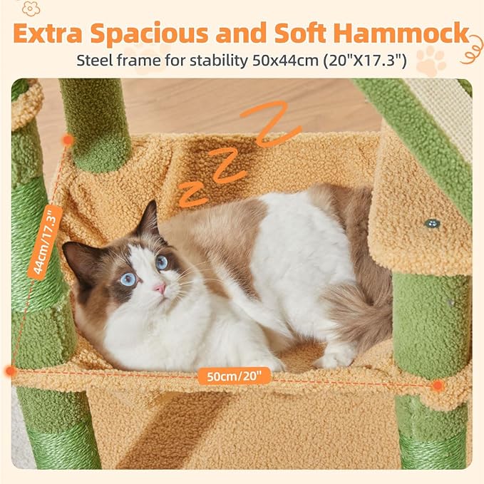 Taoqimiao Cactus Cat Tree, 57.5-Inch Cat Tower for Indoor Cats Large Adult, Extra Large Cat Condo, 8 Sisal Scratching Posts, Metal Frame Cozy Hammock, Durable Scratch Board, 2 Top Perches, MSC026