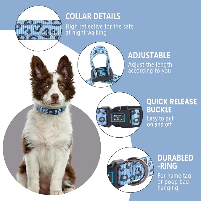 Roses&Poetry Small Dog Collar, Cute Leopard Style Adjustable Reflective Puppy Collars Durable Pet Collars for Small Medium Large Dogs(Azure-Leopard S)