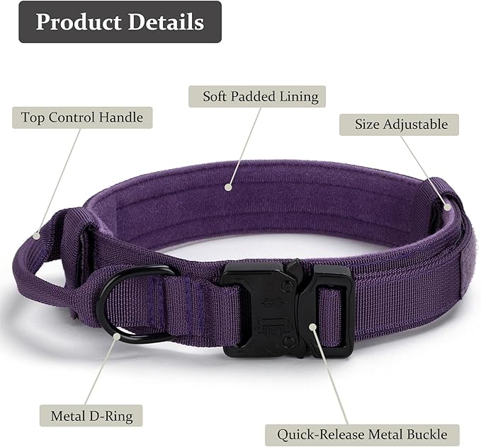 Tactical Dog Collar, Adjustable Military Training Nylon Dog Collar with Control Handle and Heavy Quick-Release Metal Buckle for Small Medium Large Dogs, Purple M