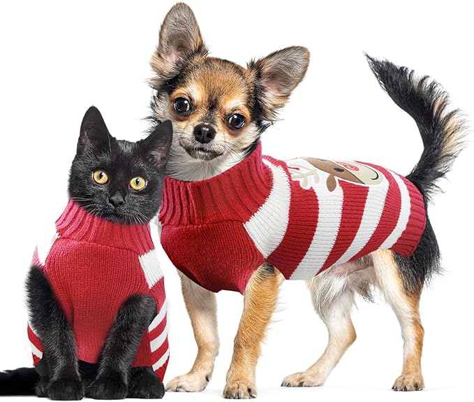 Dog Christmas Sweater Cute Striped Reindeer Xmas Pet Clothes Holiday Puppy Cat Costume New Year Gifts for Small Medium Large Dogs Jumpers (XS, Red White Stripe Reindeer)