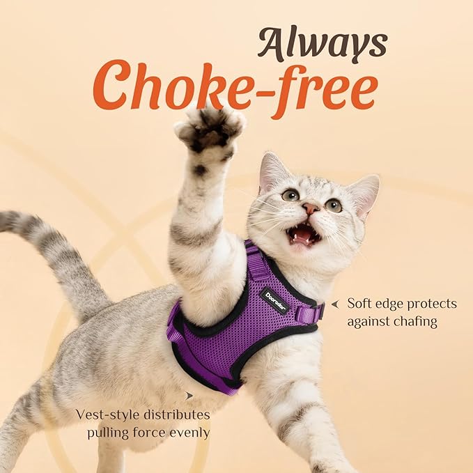 Dooradar Cat Harness and Leash Set, Escape Proof Safe Adjustable Kitten Vest Harnesses for Walking, Easy Control Soft Breathable Mesh Jacket with Reflective Strips for Cats, Purple, M