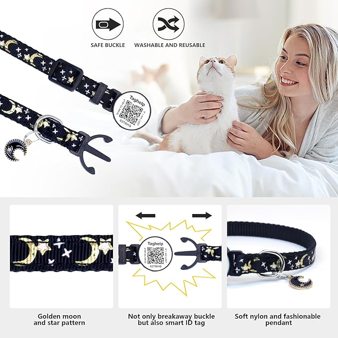 2PCS Breakaway Cat Collars with QR Code Bell Moons Stars Cute Kitty Adjustable Safe Kitten Collars with Pendant Glow in The Dark. Smart ID tag.Real-time scan alerts (Purple&Pink)
