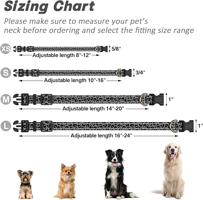 Reflective Dog Collar for Extra Small Dogs Cats, Cute Leopard Style Adjustable Heavy-Duty Nylon Puppy Collar for Boy and Girl Female, Soft Pet Accessories with Quick Release Buckle, Gray