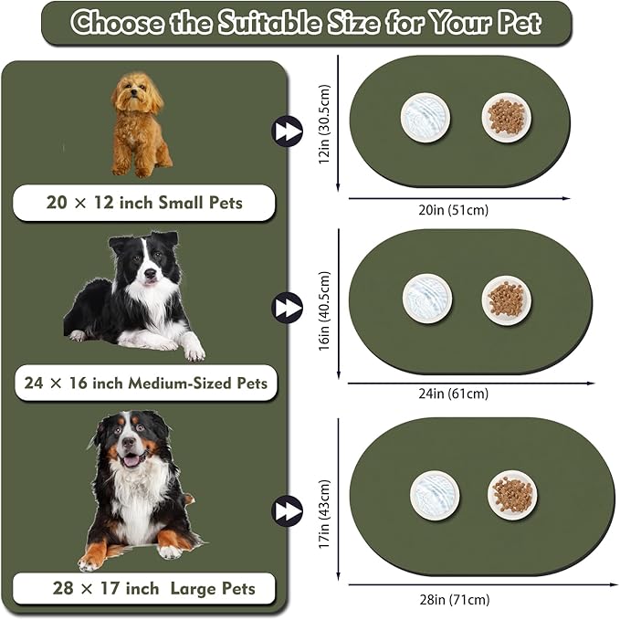 Pet Feeding Mat – 20''x12'' Absorbent Dog Food Mat, Pet Water Mats Protect Floor, No Stains Quick Dry Bowl Mats, Non-Slip Rubber Base Pets Placemats for Food and Water, Dark Green