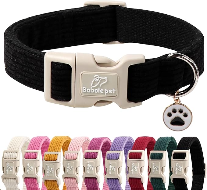 Cute Corduroy Dog Collar - Black Adjustable Dog Collars for Small Dogs 10-25lbs, Fade-Proof with Secure Snap & Little Charm, Christmas Birthday Gift, S