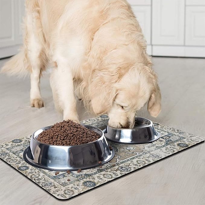 Dog Food Mats for Floors, Absorbent and Quick-Drying Pet Cat Food Mat,Anti-Fouling and Easy-to-Clean Pet Feeding Mat,Dog Bowl Mat for Messy Drinking Water Bowls.17 x27, Bohemia Style