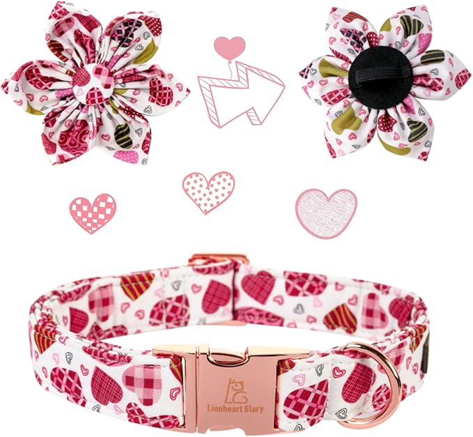 Lionheart Glory Heart Dog Collar, Valentine's Day Dogs Collar with Flower, Cute Floral Pattern Pet Collars Adjustable Dog Collars for Large Dogs
