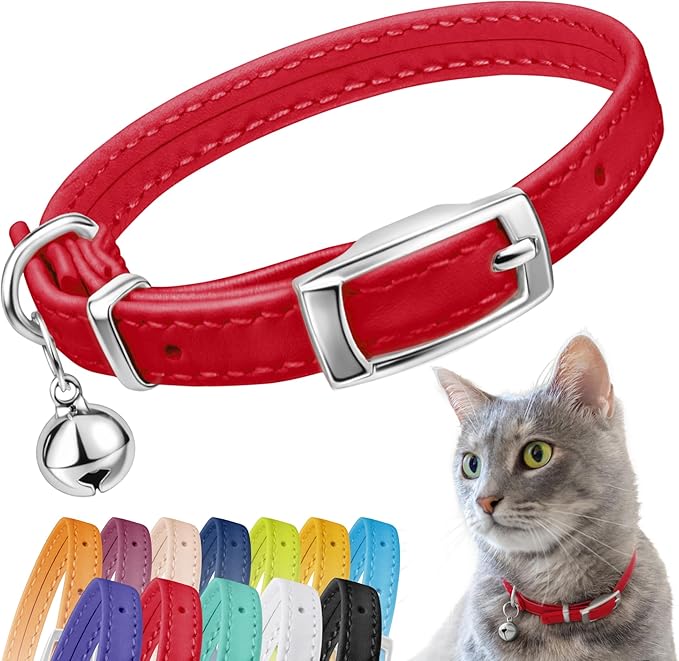 CollarDirect Leather Cat Collar with Bell - Kitten Collar, Small and Big Cat Collar for Boy Cats, Girl Cats with Safety Elastic Strap (Neck Fit 6"-7", Red)