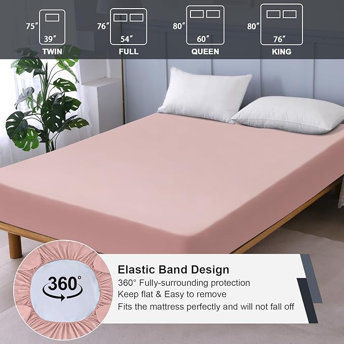 Waterproof Mattress Protector Full, Fitted Sheet Style Breathable Mattress Cover with Deep Pocket Fits Up to 18'', Noiseless Bed Cover for Kids Adults Pets, Machine Washable(Pink, 54'' X 76'')