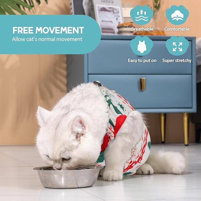 Avont Cat Recovery Suit - Kitten Onesie for Cats After Surgery, Cone of Shame Alternative Surgical Spay Suit for Female Cat, Post-Surgery or Skin Diseases Protection -Christmas(L)