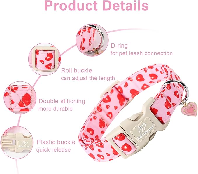 Valentines Dog Collar, Cute Pink Dog Collar with Red Heart Printed, Comfortable Girl Puppy Collar with Quick Release Plastic Buckle, X-Large
