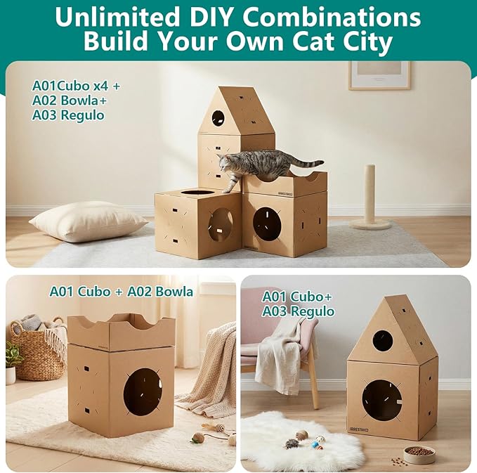 Modular Cardboard Cat Condo System, Bowl-Shaped Cat Bed Module, Foldable Stackable DIY Cat House for Indoor Cats