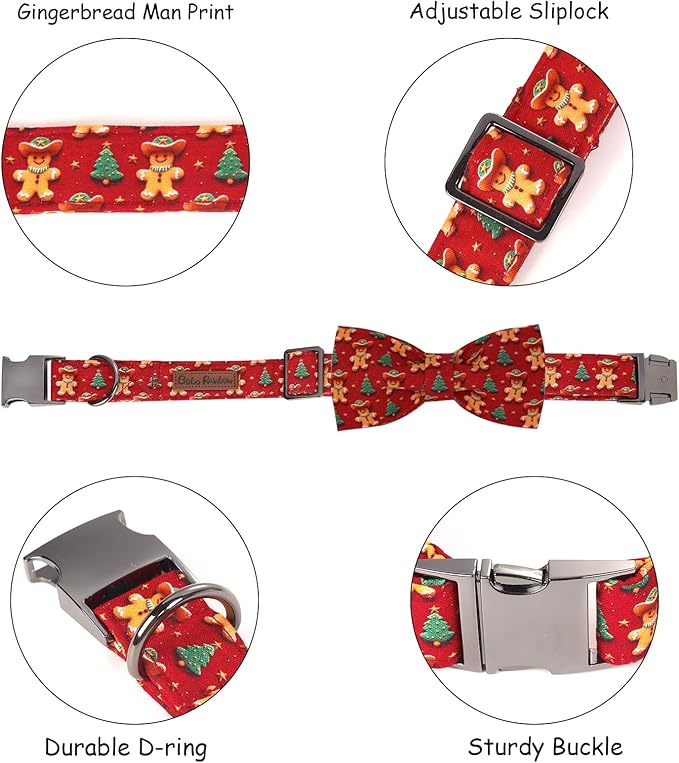 Christmas Dog Collar, Soft Pet Collar Gingerbread Man Cute Dog Collar with Bow Red Christmas Tree Adjustable Sturdy Collars Winter Holiday Collars for Medium Girl Boy Dogs