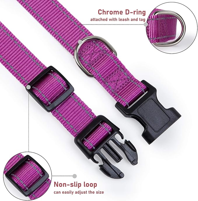 Reflective Dog Collar with Buckle Adjustable Safety Nylon Collars for Small Medium Large Dogs, Purple M