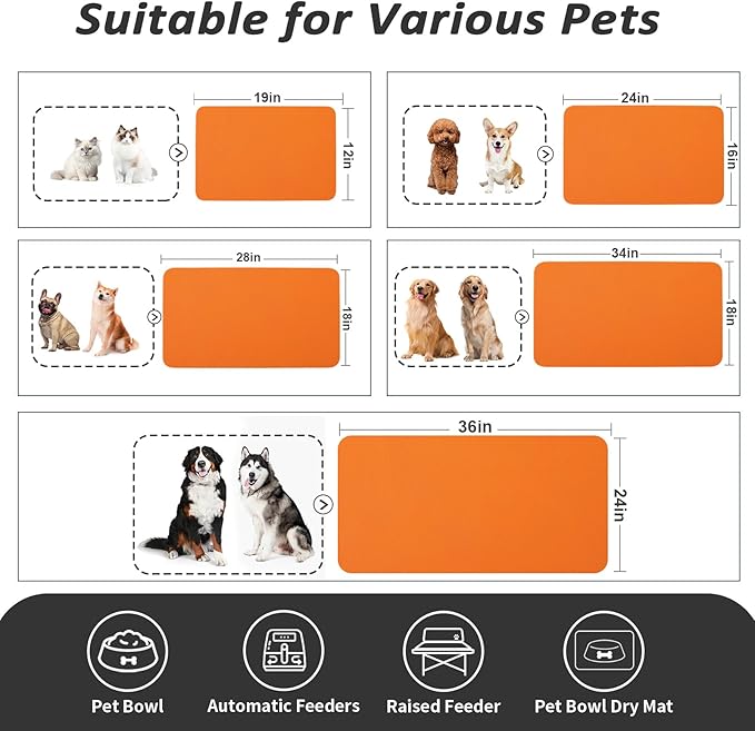 Dog Food Mat - Absorbent Cat Mat for Food and Water, No Stains Pet Feeding Bowl Mat, Easy to Clean Pet Placemats, Quick Dry Dog Water Dispenser Mat for Messy Drinkers | Orange 18"x34"