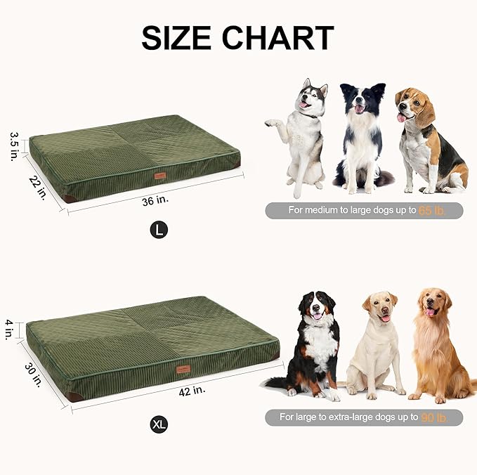 FUKUMARU Dog Bed, Thickened Corduroy Orthopedic Dog Beds with Washable Cover, XL Waterproof Dogs Bed for Crate, 28D Egg Crate Foam Support Pet Mat, Cozy Pet Bed Pad with Anti-Slip Bottom, Green