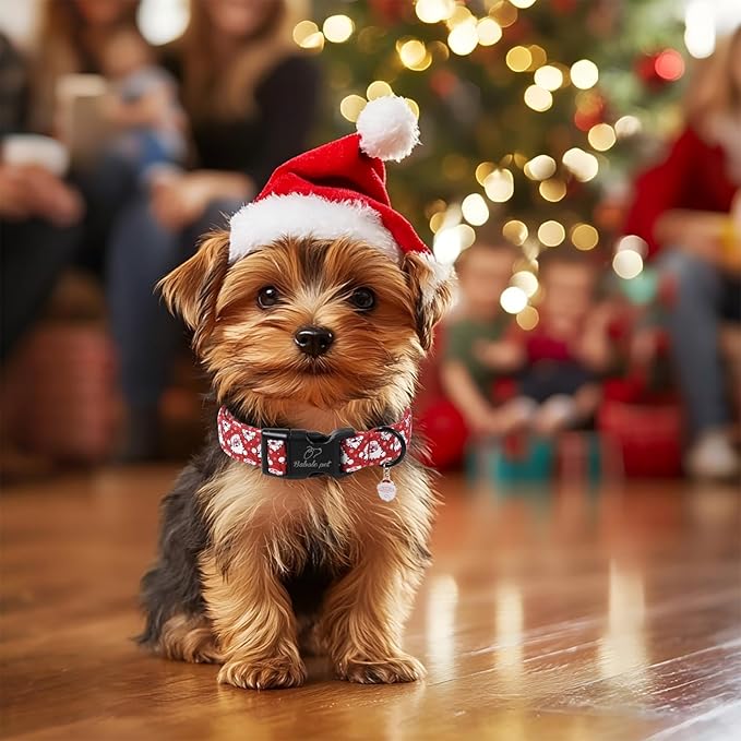 Christmas Dog Collar - Cute Red Santa Christmas Puppy Collar with Safety Buckle, Soft Adjustable Holiday Dog Collars for Small Medium Large Dogs M