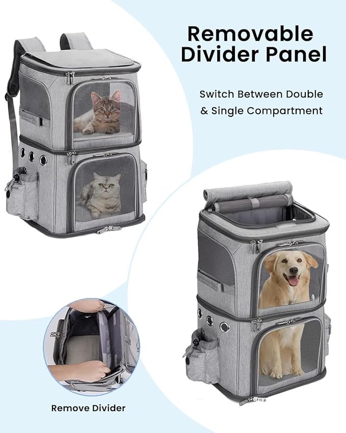 Double-Compartment Pet Carrier Backpack for Small Cats and Dogs, Cat Travel Carrier for 2 Cats, Perfect for Traveling/Hiking/Camping, Grey
