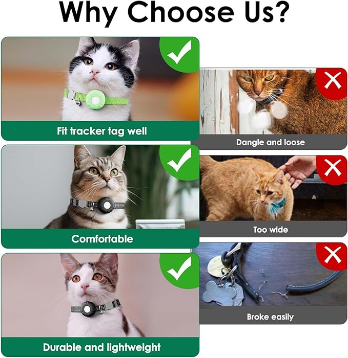Cat Tracker, GPS Tracker Compatible with Apple Find My App(Only iOS), Waterproof Cat Tracker Collar with Bell and Safety Elastic Buckle, No Monthly Fee Pet Trackers, Works with Any Collar,Green