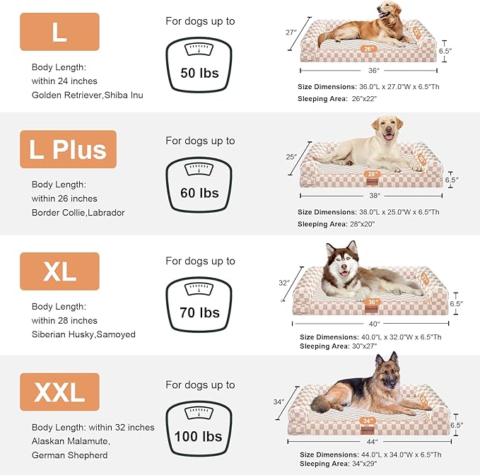 Large Dog Bed Orthopedic Washable: Beds Bolster XL Bed Large Big Dogs Egg Crate Foam Couch Sofa Waterproof with Removable Cover - Pink Grid
