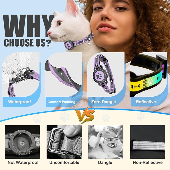 Airtag Cat Collar Breakaway, Reflective Cat Collar with AirTag Holder and Bell, Compatible with Apple Air Tag, Comfortable Padding, Adjustable, Durable (Purple, S)