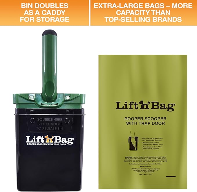 Neater Pet Brands Lift N’ Bag 2.0 Dog Pooper Scooper with Bag Attachment for Small to Large Dogs, New & Improved Design, 195 Refill Bags, Heavy Duty Dog Poop Scooper for Yard & Walks, One-Hand Use