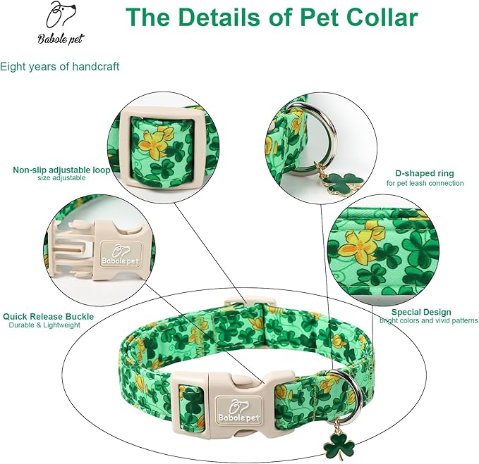 St. Patrick's Day Dog Collar for Small Dogs - Green Shamrock & Yellow Flower Print Dog Collars, Cute Irish Party Puppy Collar, Lightweight Adjustable St. Patricks Day Pet Collars S