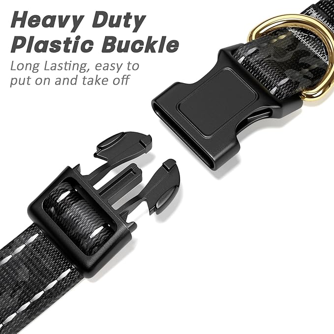 Reflective Dog Collar for Medium Dogs, Cute Camouflage Adjustable Heavy-Duty Nylon Puppy Collar for Boy and Girl Female, Soft Pet Accessories with Quick Release Buckle, Black
