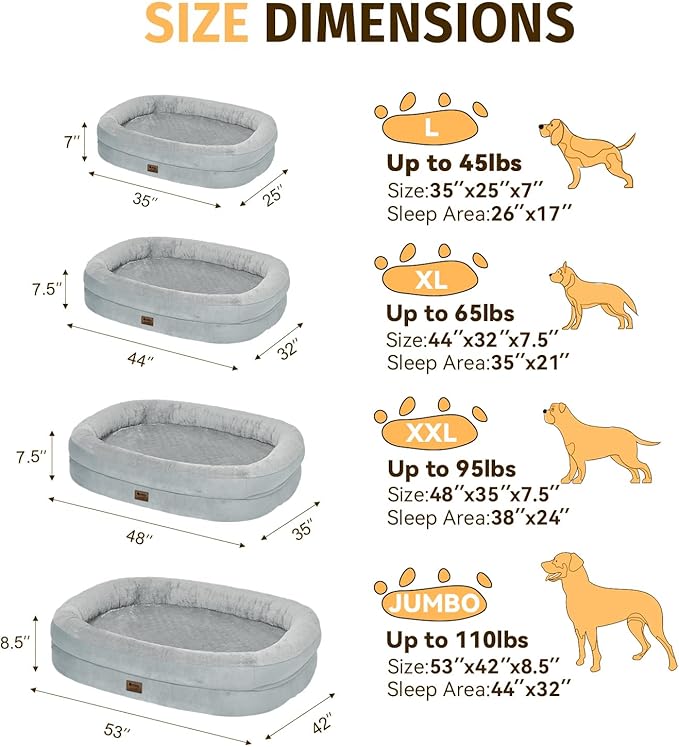 Orthopedic Waterproof Large Dog Bed: Memory Foam Washable Dog Bed with Bolsters - Removable Orthopedic Cover for Medium L XL Large Sized Pet - Non-Slip Bottom - Silver