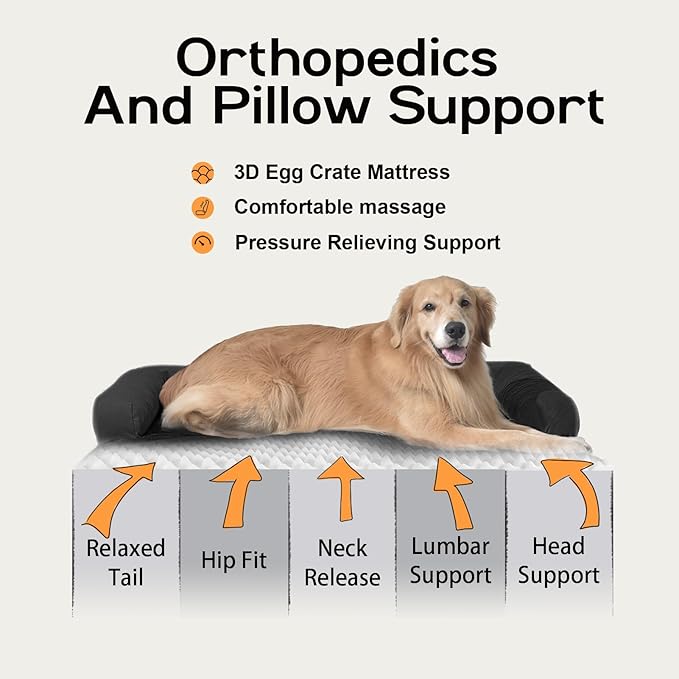 Large Orthopedic Dog Bed with Bolster – Washable Waterproof Cover, Non-Slip Bottom, Egg Crate Foam Cushion for Joint and Hip Support, Comfortable Pet Bed for Large Dogs