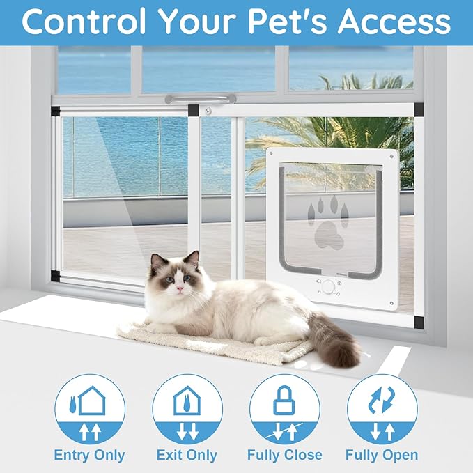 Sliding Cat Door for Window, Fits 28.5"-32" Width Window, 2-Min Install | Aluminum Frame + HD Glass | Weatherproof Design | Magnetic Closure Window Cat Door Insert, Adjustable Pet Door Window for Cats