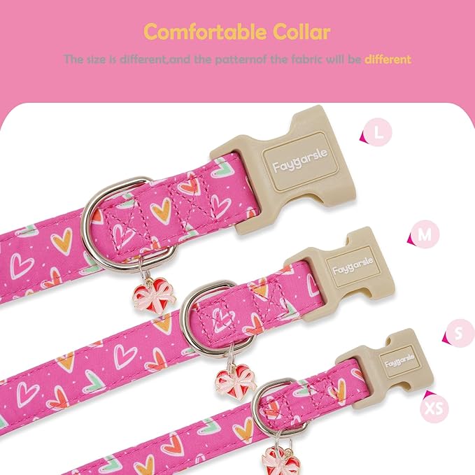 Faygarsle Valentine's Day Dog Collar, Pink Heart Pattern with Metal D-Ring and Heart Charm, Adjustable Pet Collar for Small Medium Large Dogs S