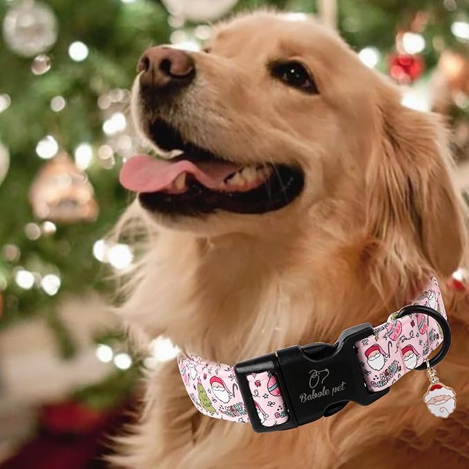 Christmas Dog Collar for Giant Large Dogs - Cute Santa Print Pink Christmas Collars for Dogs, Soft Adjustable Winter Holiday Dog Collars with Quick Release Buckle XL