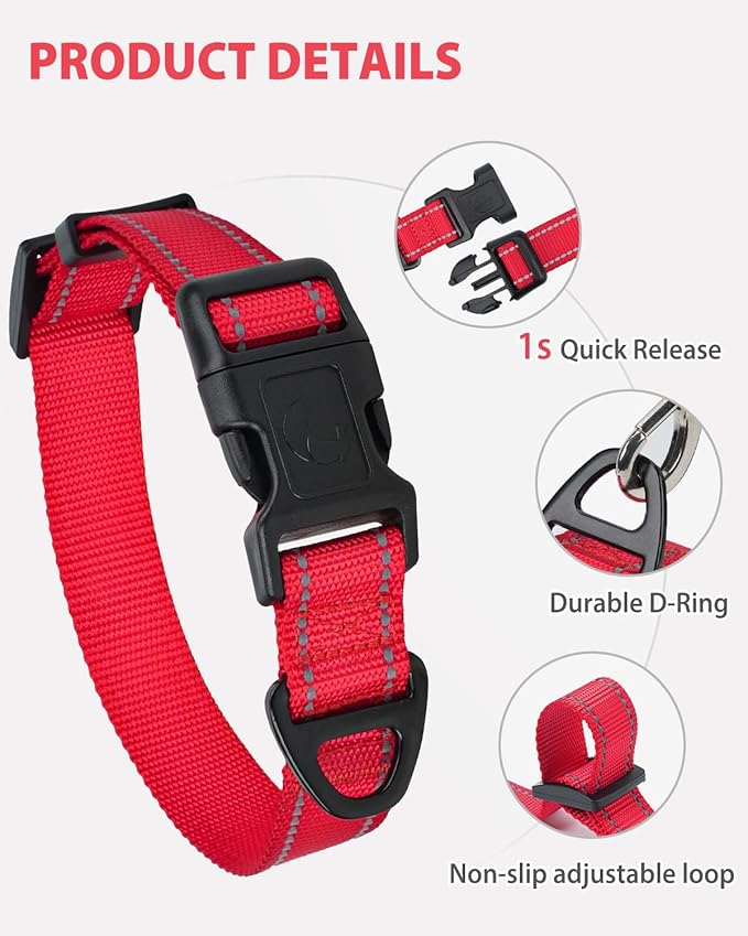 Joytale Small Dog Collar, Reflective and Adjustable Nylon Collar with Quick-Release Buckle, Lightweight No-Choke Design for Small Dogs, Red, 3/4" Width