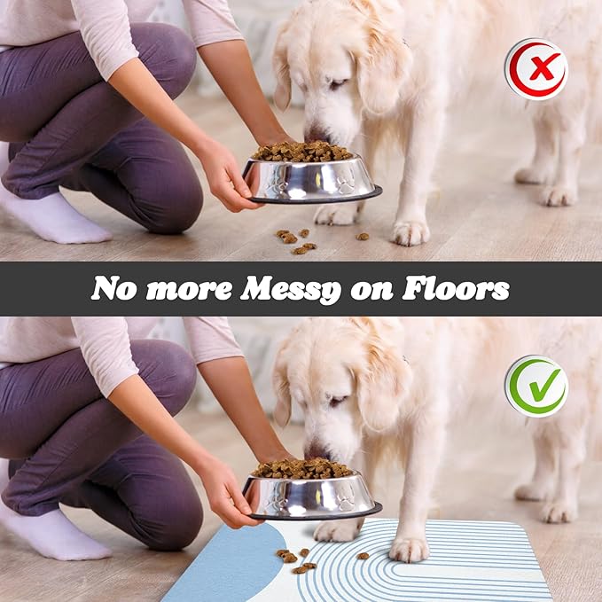Dog Food Mats for Floors Waterproof, Cat Water Bowl Mats Pet Feeding Absorbent Mat Placemats for Food and Water Blue Bohemia 16 * 24 inch
