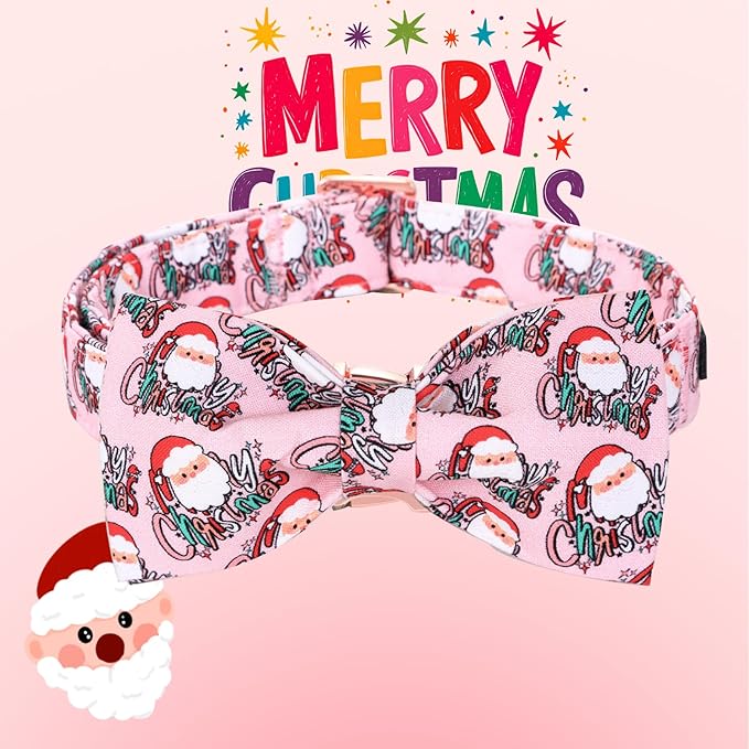 Christmas Dog Collar, Pink Christmas Santa Claus Dog Collar Bow Tie Pet Collars with Bow Adjustable Pet Collars with Premium Metal Buckle Dogs Necklace for X-Large Girl Dogs