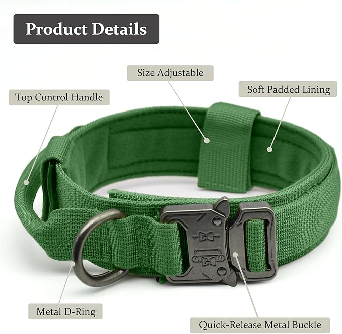 Tactical Dog Collar, Adjustable Military Training Nylon Dog Collar with Control Handle and Heavy Quick-Release Metal Buckle for Small Medium Large Dogs, Emerald Green M