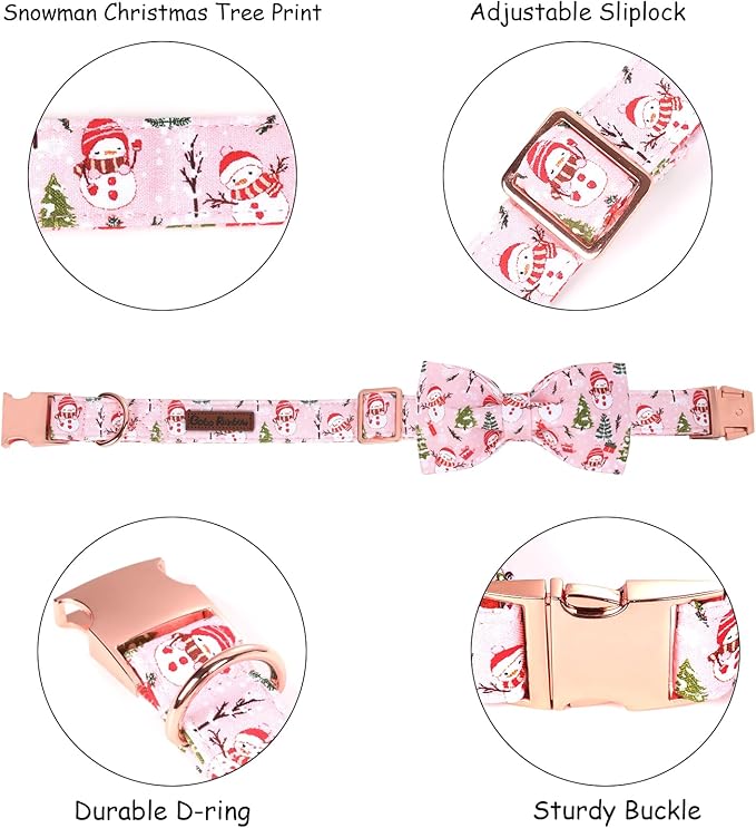 Christmas Dog Collar, Christmas Tree and Snowman Print Cute Winter Holiday Collars Cotton Adjustable Comfortable Pink Dog Collar with Bow,Stylish Collars for X-Small Girl Dogs