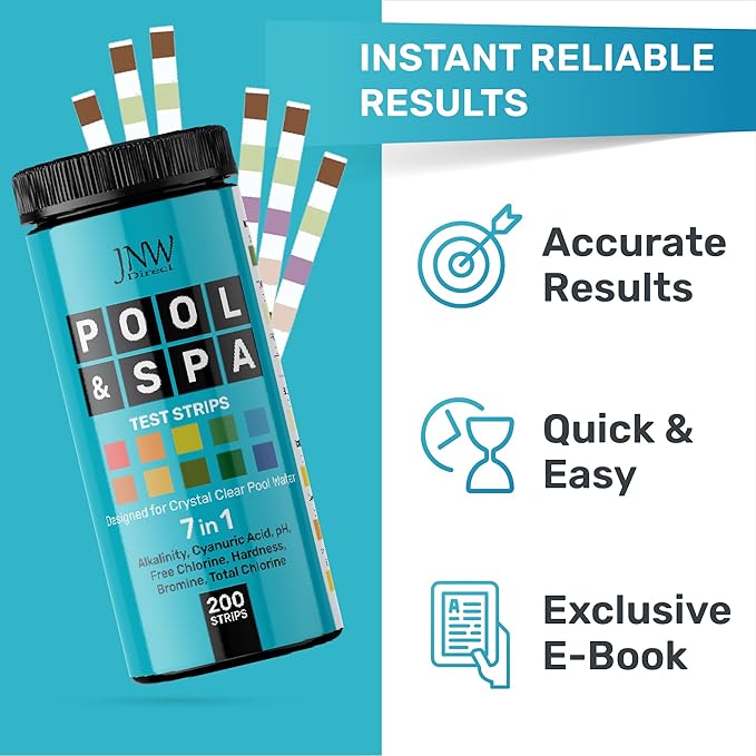 Pool Test Strips 7-in-1, 200 Quick and Accurate Pool and Hot Tub Test Strips - Pool Water Testing Kit for Chlorine, Bromine, pH, Hardness, More - All in 1 Swimming Pool Test Strips by JNW