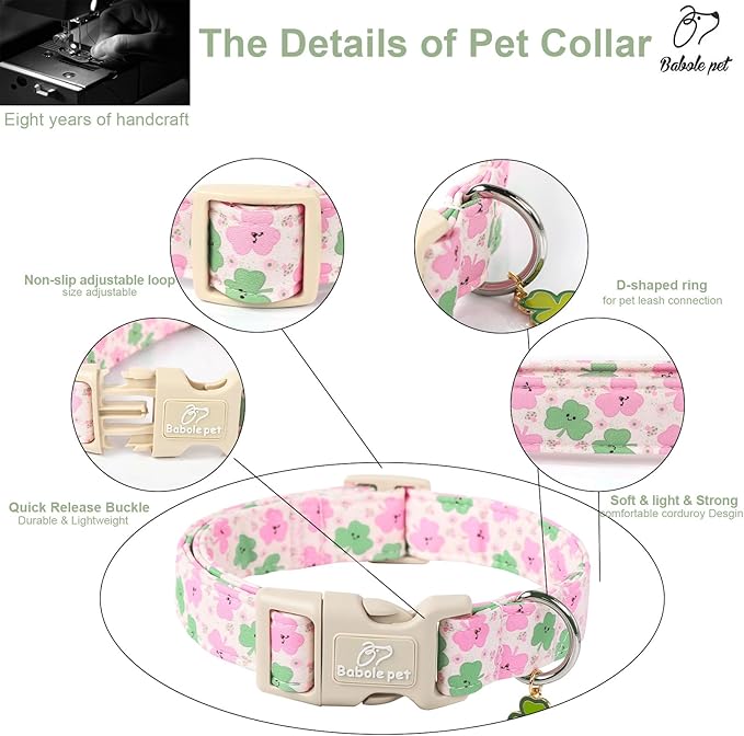 St Patricks Day Dog Collar for Small Dogs - Cute Light Pink Shamrock Girl Dog Collars, Adjustable Irish Clover Puppy Collar with Quick Release Buckle S