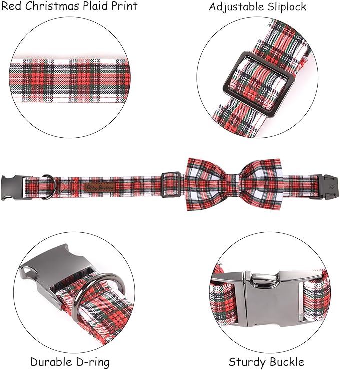 Christmas Dog Collar, Red Plaid Cotton Collars with Bow Adjustable Pet Collar Premium Metal Buckle, Christmas Puppy Necklace for Large Girl and Boy Dogs
