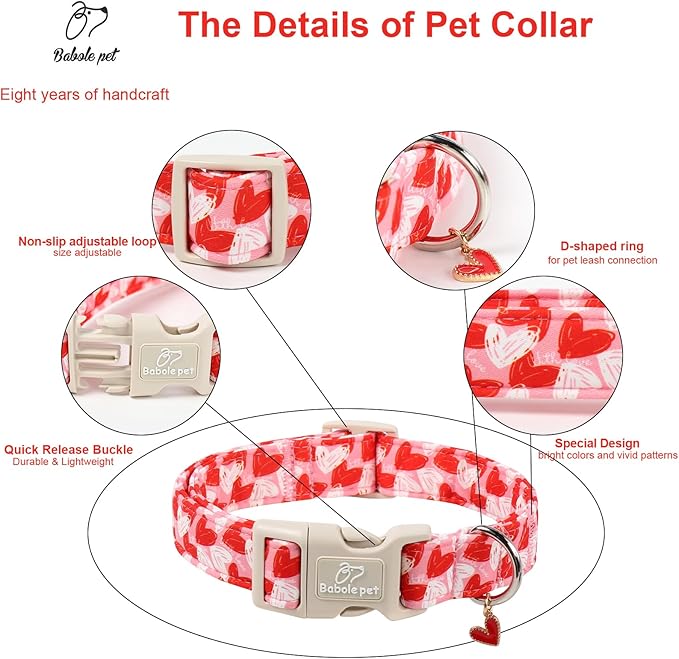 Valentines Dog Collar for Giant Large Dogs - Cute Pink Girl Dog Collar, Doodle Heart Pattern, Adjustable Valentine Dog Collars with Red Heart Charm XL